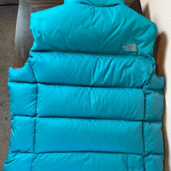 The North Face TNF Teal Blue Pink 700 Nuptse Down Puffer Vest Jacket Women Sz L - Picture 2 of 4